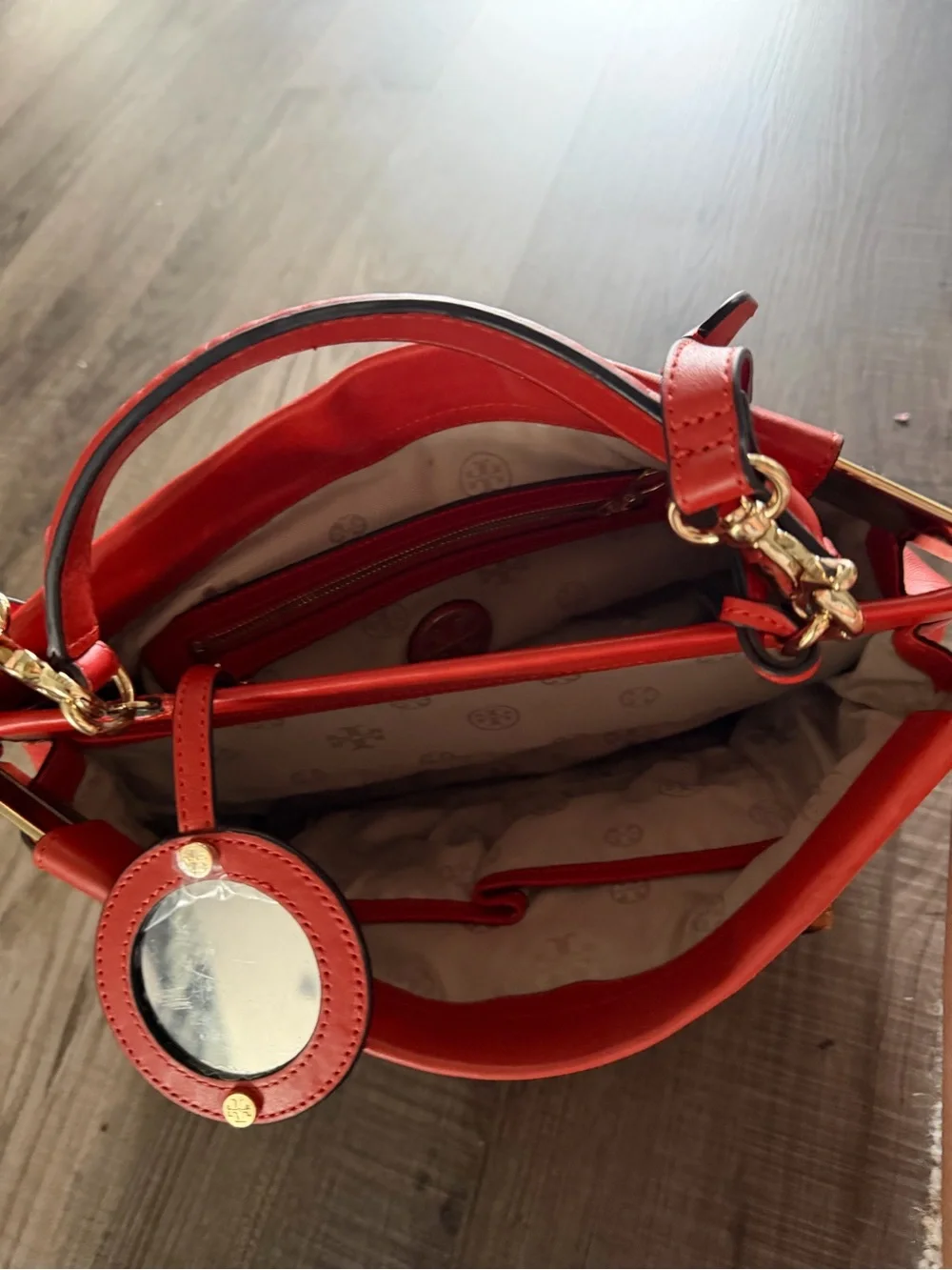 Tory Burch Red Leather Shoulder Bag with Leopard Print Panel